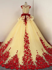 Prom Dresses Chicago, Light Yellow Tulle Ball Gown Beaded and Flowers Sweet 16 Gown, Light Yellow Quinceanera Dress