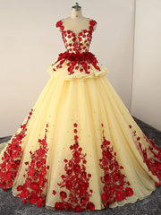 Prom Dress Chicago, Light Yellow Tulle Ball Gown Beaded and Flowers Sweet 16 Gown, Light Yellow Quinceanera Dress