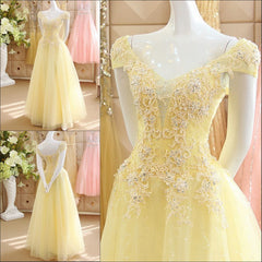 Bridesmaid Dresses Mismatched Neutral, Light Yellow Tulle Cap Sleeves with Lace Applique Prom Dress, Yellow Long Evening Dress