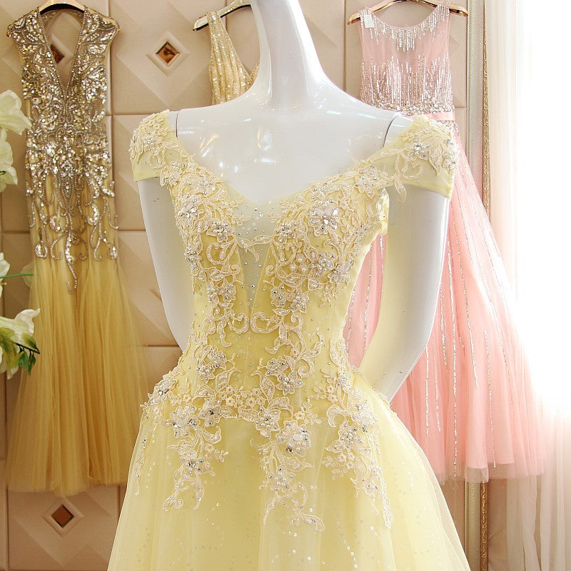 Bridesmaid Dresses Earth Tones, Light Yellow Tulle Cap Sleeves with Lace Applique Prom Dress, Yellow Long Evening Dress