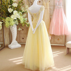 Wedding Decor, Light Yellow Tulle Cap Sleeves with Lace Applique Prom Dress, Yellow Long Evening Dress