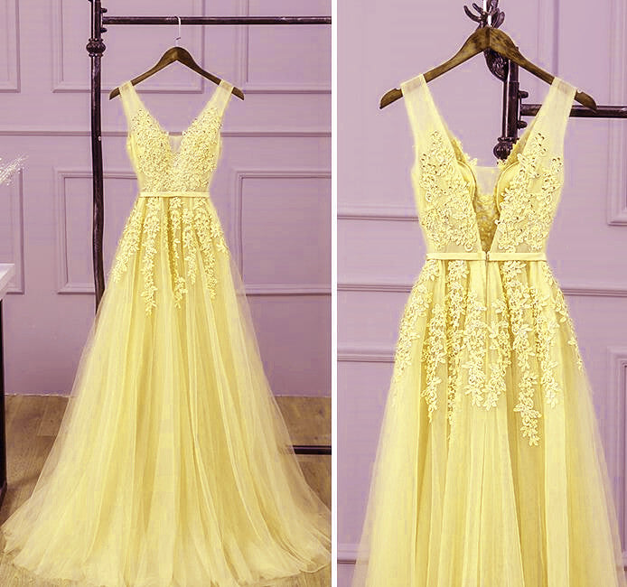 Bridesmaid Nail, Light Yellow Tulle Long Party Dress, A-line Prom Dress Evening Gowns