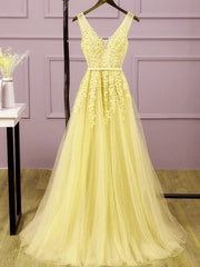 Floral Bridesmaid Dress, Light Yellow Tulle Long Party Dress, A-line Prom Dress Evening Gowns