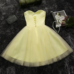 Prom Dress 2019, Light Yellow Tulle Short Beaded Sweetheart Homecoming Dress, Tulle Short Formal Dress