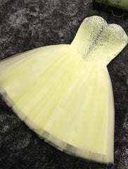 Prom Dress Backless, Light Yellow Tulle Short Beaded Sweetheart Homecoming Dress, Tulle Short Formal Dress