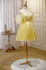 Semi Formal Outfit, Light Yellow Tulle with Lace Puffy Sleeves Party Dress, Yellow Homecoming Dresses