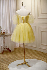 Boho Dress, Light Yellow Tulle with Lace Puffy Sleeves Party Dress, Yellow Homecoming Dresses