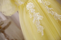 Formal, Light Yellow Tulle with Lace Puffy Sleeves Party Dress, Yellow Homecoming Dresses