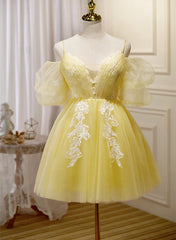 Prom Look, Light Yellow Tulle with Lace Puffy Sleeves Party Dress, Yellow Homecoming Dresses