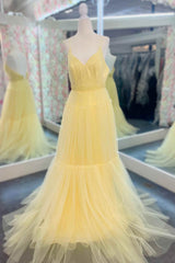Evening Dress Elegant Classy, Light Yellow V-Neck Tulle A-Line Long Prom Dress