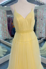 Evening Dress Italy, Light Yellow V-Neck Tulle A-Line Long Prom Dress