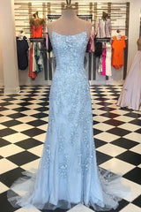 Prom Dresses Near Me, Chic Trumpet Spaghetti Straps With Lace Appliques Light Blue Prom Dresses