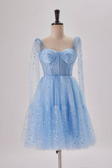 Prom Dress Under 66, Starry Light Blue Tulle A-line Princess Dress