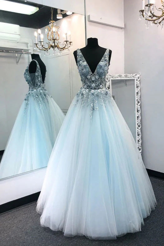 Formal Dresses Winter, A Line V Neck Tulle Long Prom Dress with Flowers, Sleeveless Party Dress