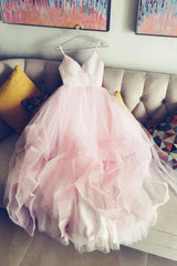 Long Prom Dress, Light Pink Spaghetti Straps Tulle Long Prom Formal Dress, Puffy Party Dress