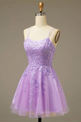 Bridesmaid Dresses Mismatched Spring, Lilac A-line Lace-Up Back Applique Tulle Mini Homecoming Dress