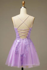 Bridesmaid Dress Sleeveless, Lilac A-line Lace-Up Back Applique Tulle Mini Homecoming Dress