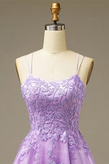 Bridesmaid Dresses Sleeveless, Lilac A-line Lace-Up Back Applique Tulle Mini Homecoming Dress