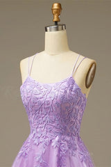 Bridesmaid Dress Uk, Lilac A-line Lace-Up Back Applique Tulle Mini Homecoming Dress