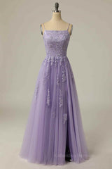 Bridesmaid Dress Colorful, Lilac A-line Lace-Up Back Tulle Embroidery Slit Long Prom Dress