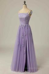 Bridesmaids Dress Colors, Lilac A-line Lace-Up Back Tulle Embroidery Slit Long Prom Dress