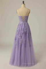 Bridesmaids Dresses Colorful, Lilac A-line Lace-Up Back Tulle Embroidery Slit Long Prom Dress