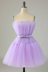 Bridesmaid Dresses Strapless, Lilac A-line Strapless Voluminous Tulle Mini Homecoming Dress with Sash