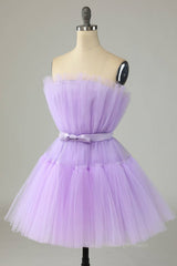 Bridesmaid Dresses Blushing Pink, Lilac A-line Strapless Voluminous Tulle Mini Homecoming Dress with Sash