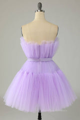 Engagement Photo, Lilac A-line Strapless Voluminous Tulle Mini Homecoming Dress with Sash