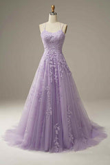 Corset Dress, Lilac A-line Tulle Lace-up Back 3D Applique Long Prom Dress