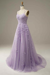Red Carpet Dress, Lilac A-line Tulle Lace-up Back 3D Applique Long Prom Dress