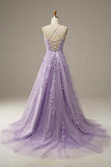 Sweet 46 Dress, Lilac A-line Tulle Lace-up Back 3D Applique Long Prom Dress