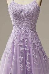 Fairytale Dress, Lilac A-line Tulle Lace-up Back 3D Applique Long Prom Dress