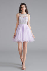 Prom Dresses Simple, A-Line Tulle Sleeveless Beading Homecoming Dresses