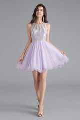 Prom Dress Simple, A-Line Tulle Sleeveless Beading Homecoming Dresses