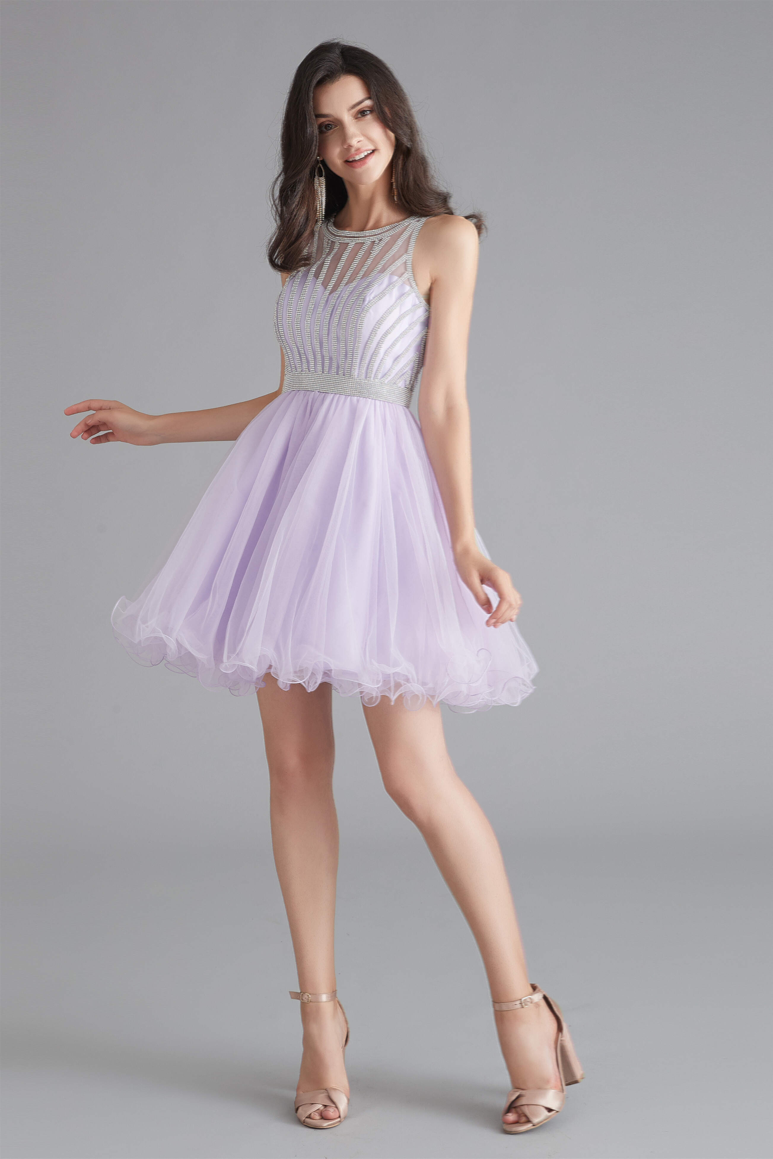 Prom Dress With Slits, A-Line Tulle Sleeveless Beading Homecoming Dresses