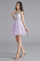 Prom Dress With Slit, A-Line Tulle Sleeveless Beading Homecoming Dresses