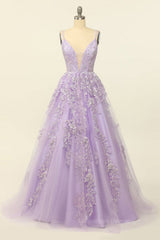 Bridesmaid Dresses On Sale, Lilac A-line V Neck Tulle Applique Lace-Up Back Long Prom Dress