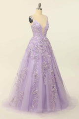 Bridesmaids Dresses Spring, Lilac A-line V Neck Tulle Applique Lace-Up Back Long Prom Dress