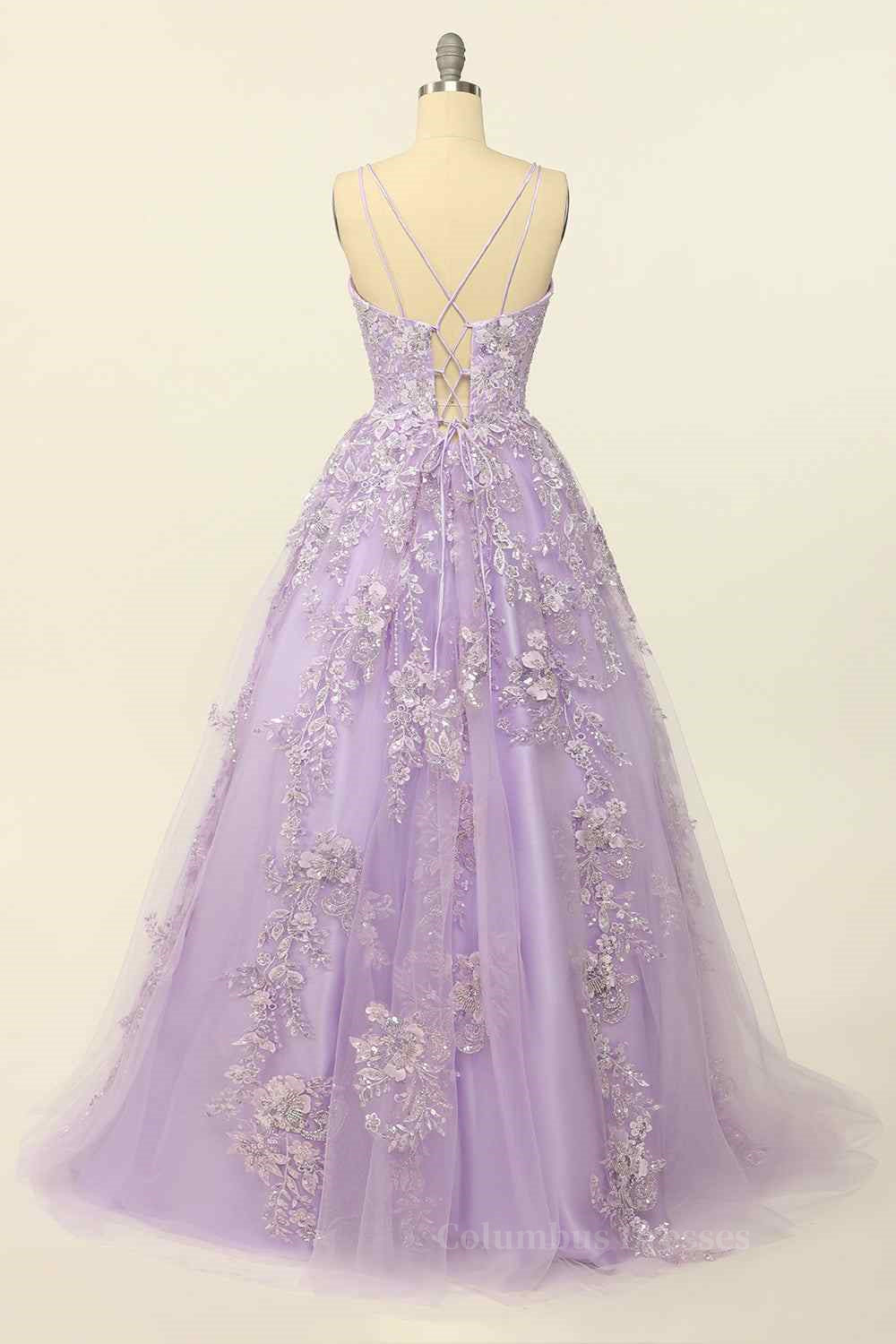 Bridesmaid Dress Spring, Lilac A-line V Neck Tulle Applique Lace-Up Back Long Prom Dress