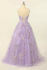 Bridesmaid Dress Spring, Lilac A-line V Neck Tulle Applique Lace-Up Back Long Prom Dress