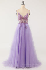 Bridesmaid Dresses Long, Lilac A-line V Neckline Beading Sheer Tulle Long Prom Dress