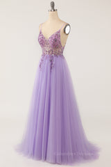 Bridesmaid Dress Elegant, Lilac A-line V Neckline Beading Sheer Tulle Long Prom Dress