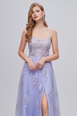 Party Dress Code, Lilac Appliques Lace-Up A-Line Long Prom Dresses with Slit