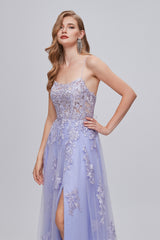 Party Dresses Designer, Lilac Appliques Lace-Up A-Line Long Prom Dresses with Slit