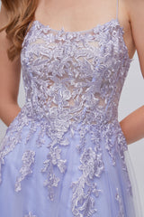 Party Dress Designer, Lilac Appliques Lace-Up A-Line Long Prom Dresses with Slit