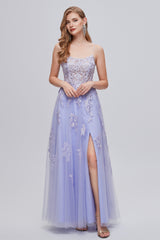 Party Dresses Design, Lilac Appliques Lace-Up A-Line Long Prom Dresses with Slit