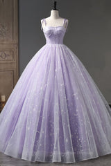 Bridesmaid Dress Satin, Lilac Bow Tie Shoulder Prints Long Prom Dress