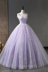 Bridesmaid Dresses Satin, Lilac Bow Tie Shoulder Prints Long Prom Dress