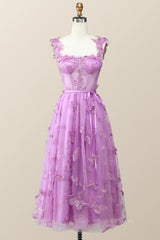 Boho Wedding, Lilac Butterfly Tulle A-line Midi Homecoming Dress